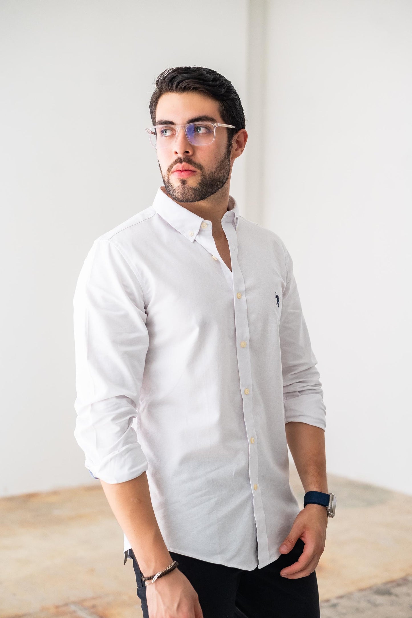 US Polo Manga Larga Blanca Custom Fit Logo Negro