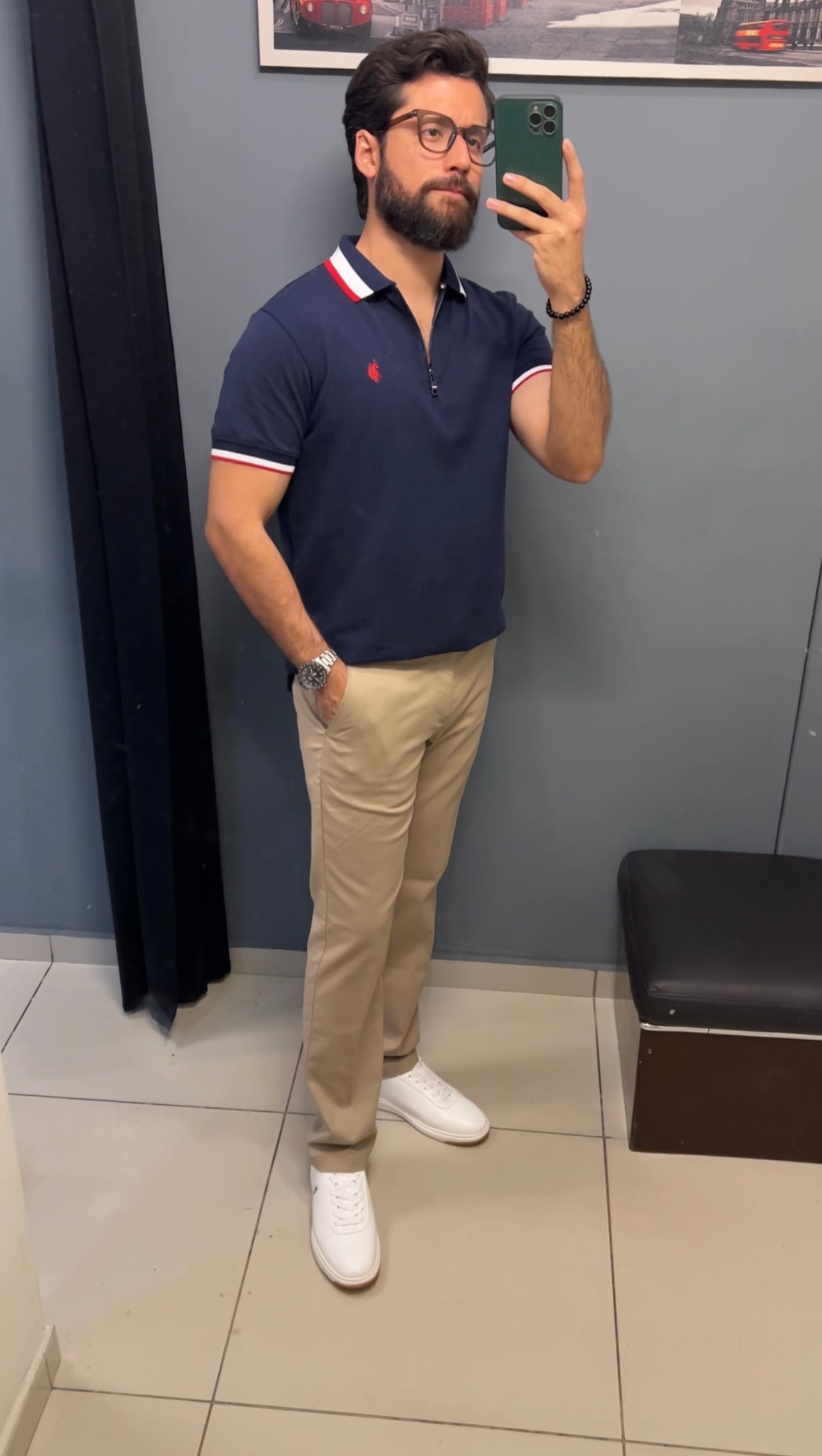 Us Polo tipo polo ziper azul Navy franja gruesa