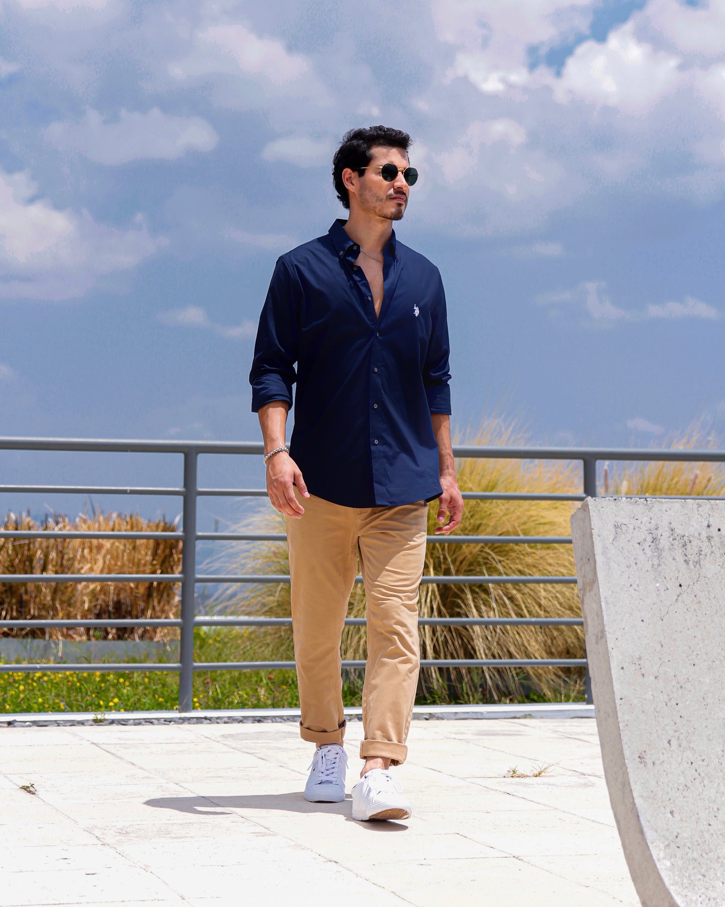 US Polo Long Sleeve Poplin Navy Custom Fit