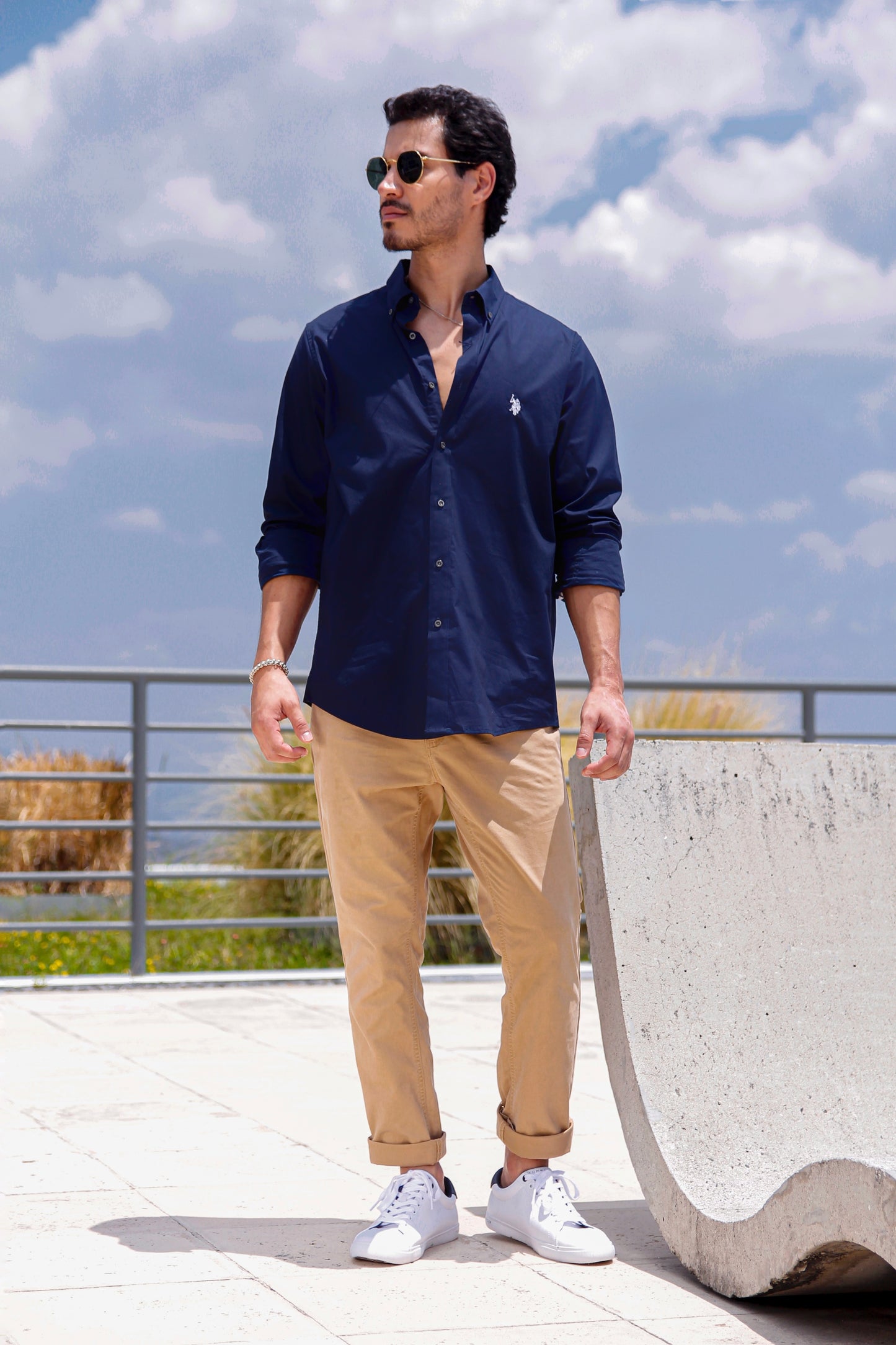 US Polo Long Sleeve Poplin Navy Custom Fit