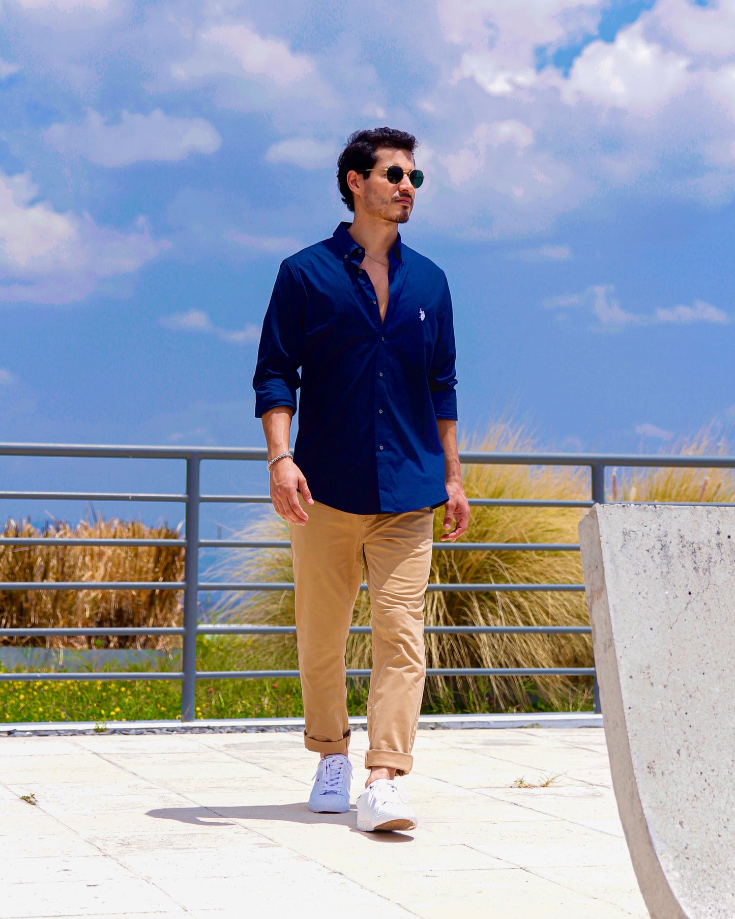 US Polo Manga Larga Poplin Navy Custom Fit