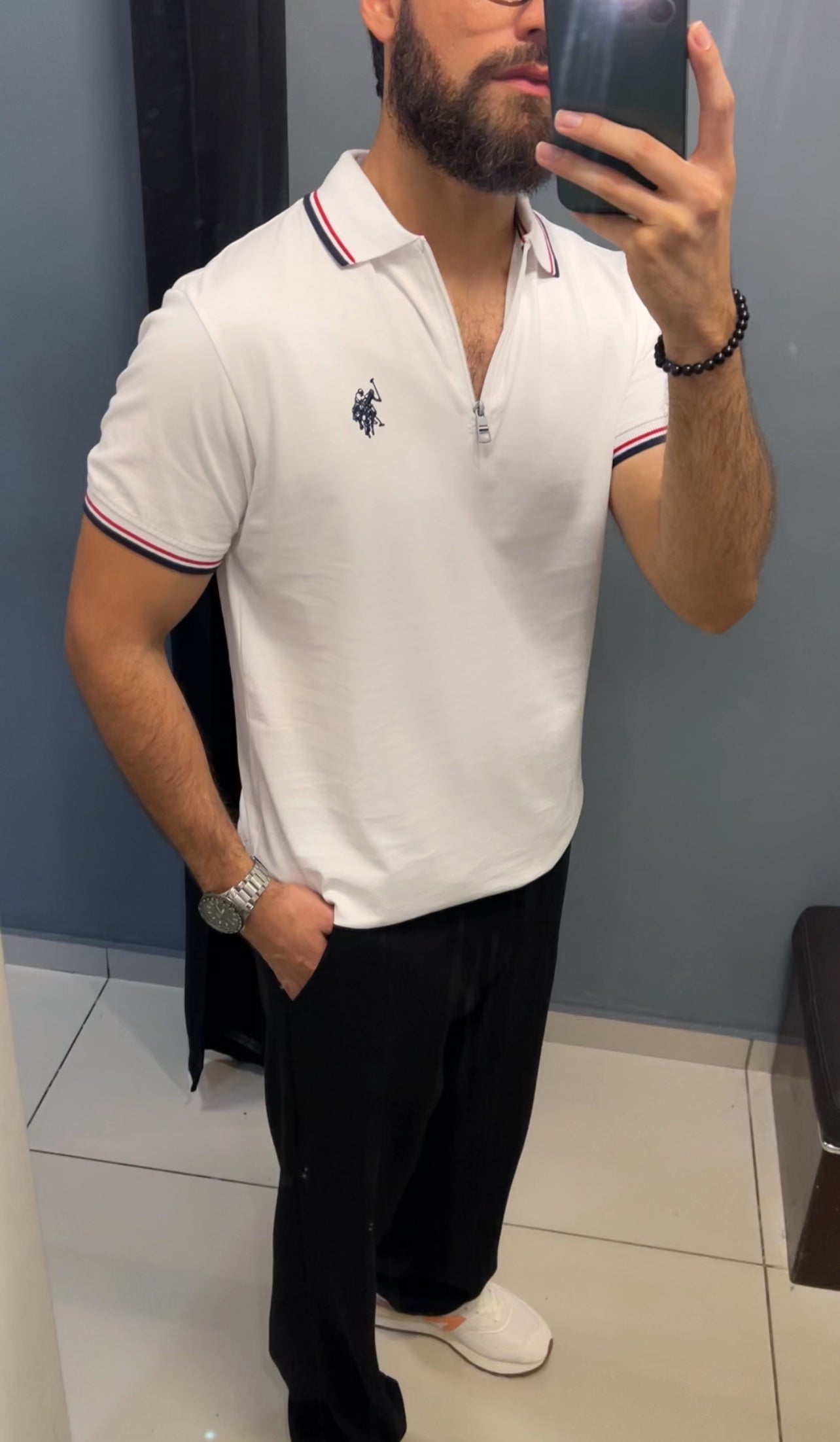 Us Polo Camisa Tipo polo ziper blanca franja delgada