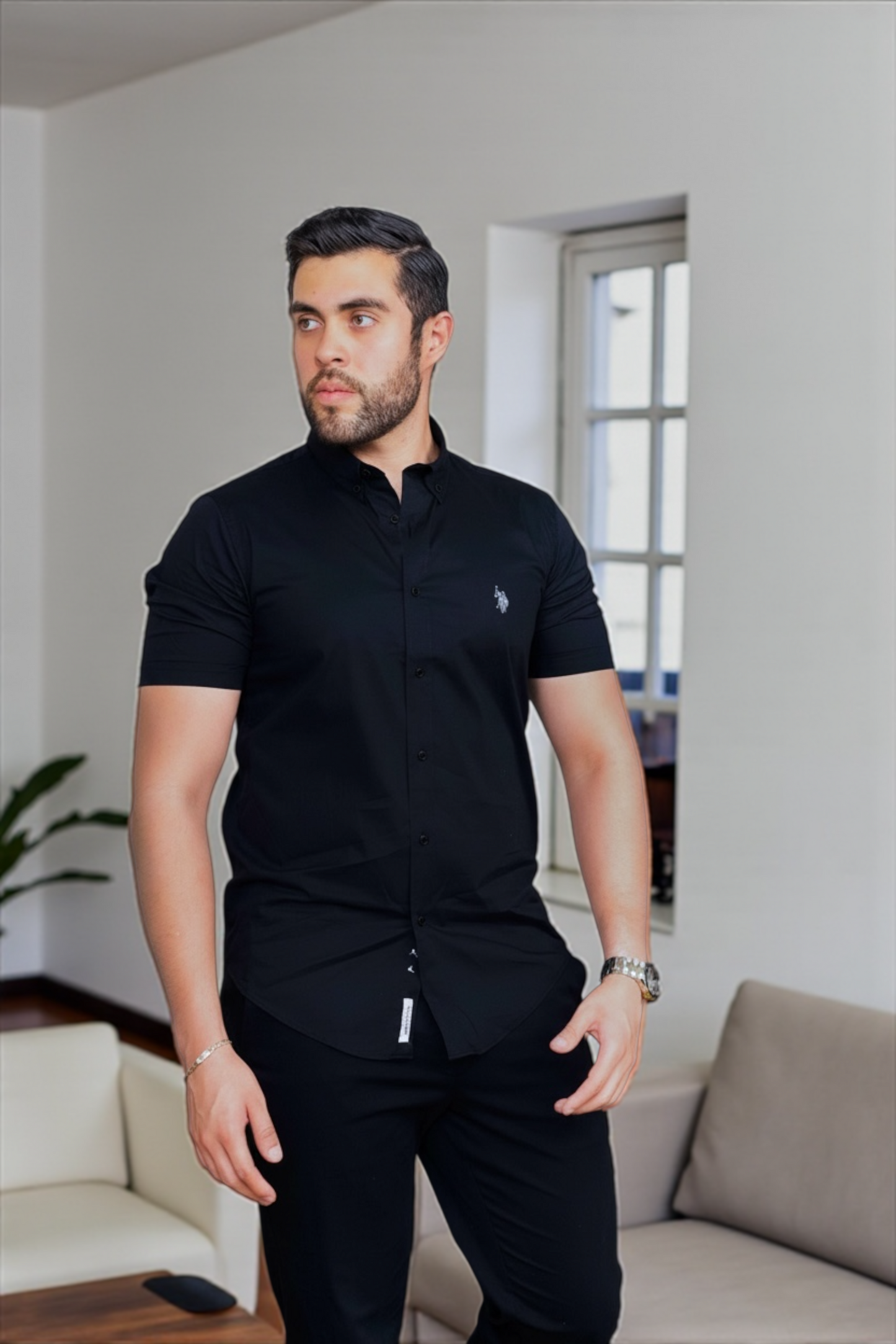 Us Polo Camisa Negra Manga Corta Custom Fit