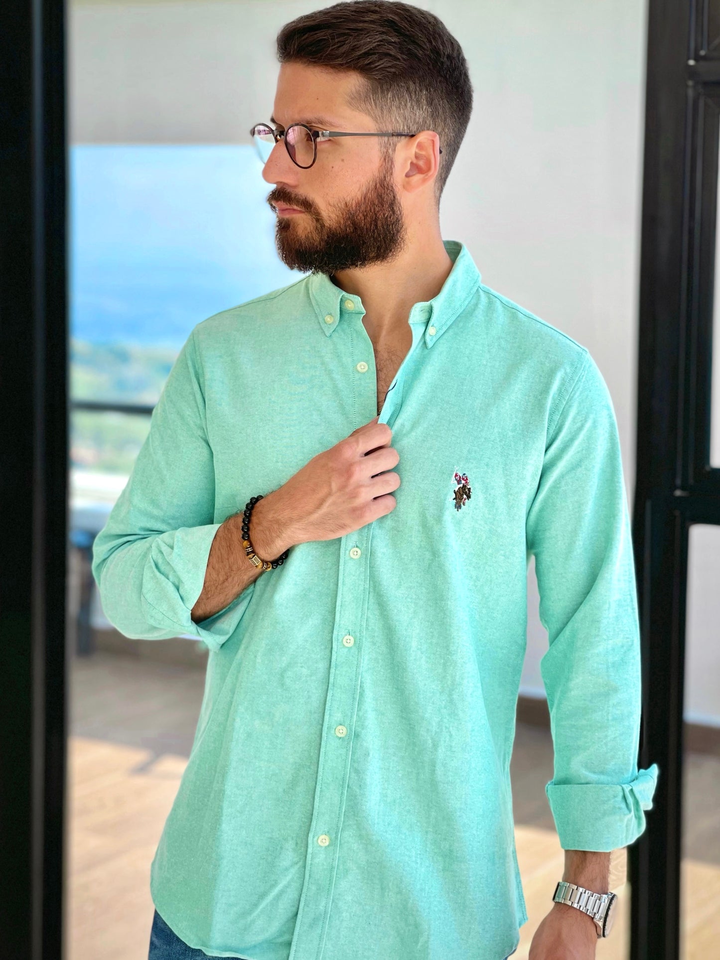 US Polo Verde Manga Larga Custom Fit logo a color