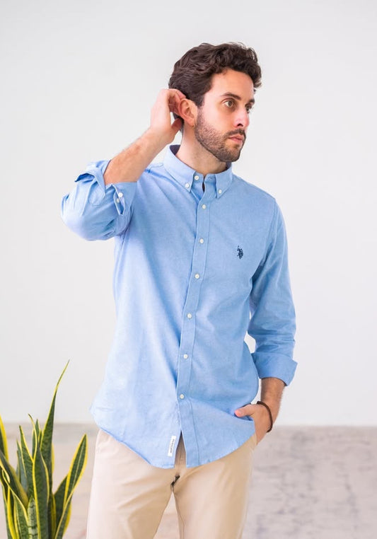 US Light Blue Regular Fit / Stretch Long Sleeve Polo