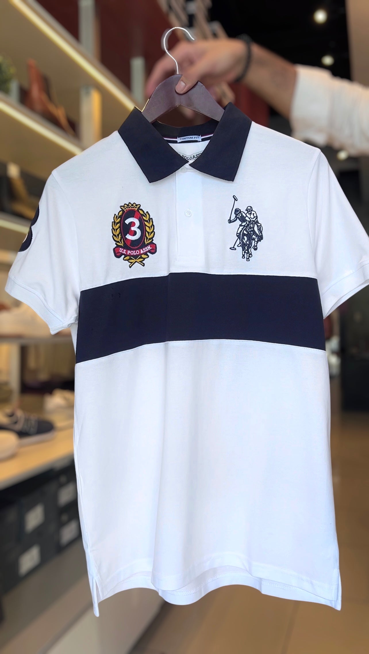 Us Polo tipo polo blanca franja azul Navy