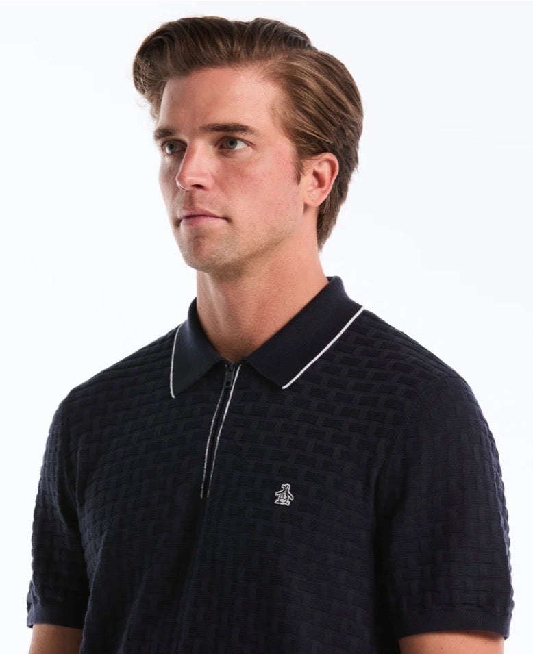 Penguin Tipo Polo Zipper Tejido Cuadros Azul Oscuro