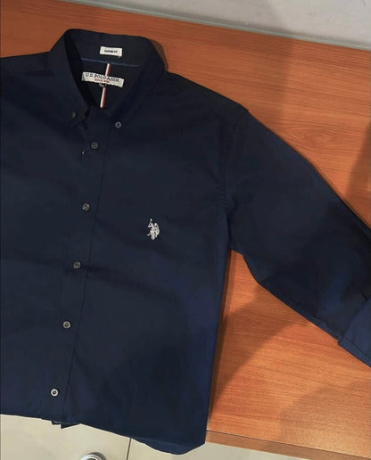 Us Polo Camisa Manga Larga Custom Fit Poplin Azul Negro