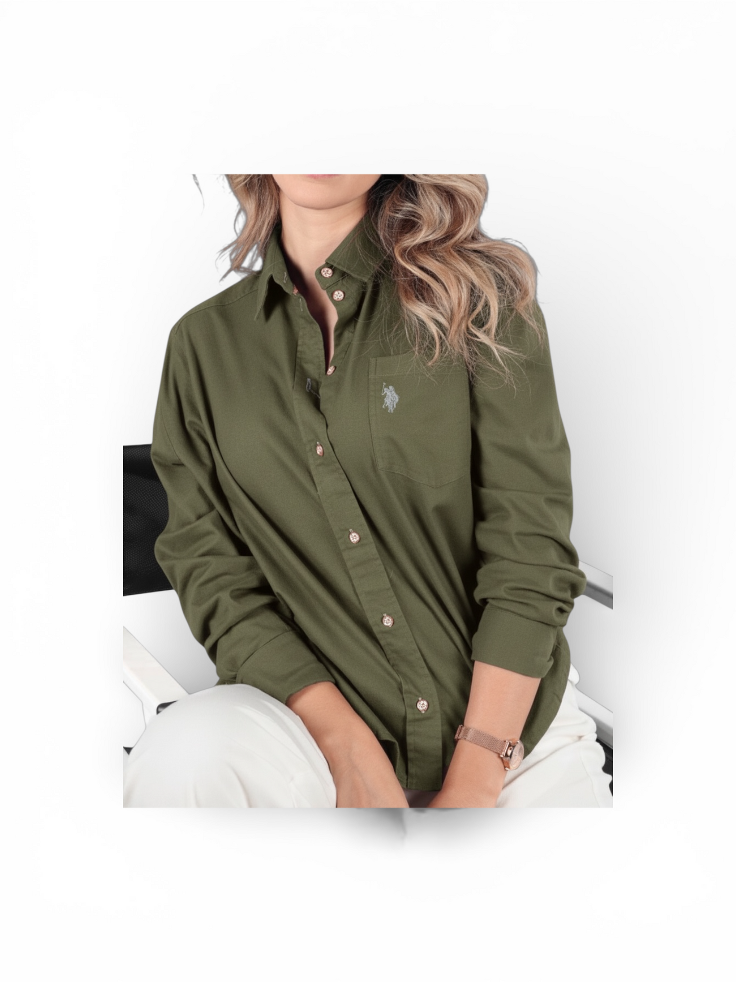 Us Polo Blusa Manga Larga Dama Verde Olive Lino