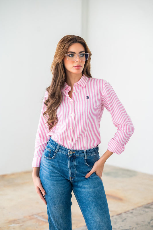 Us Polo Blusa Dama Manga Larga Rayada Rosa