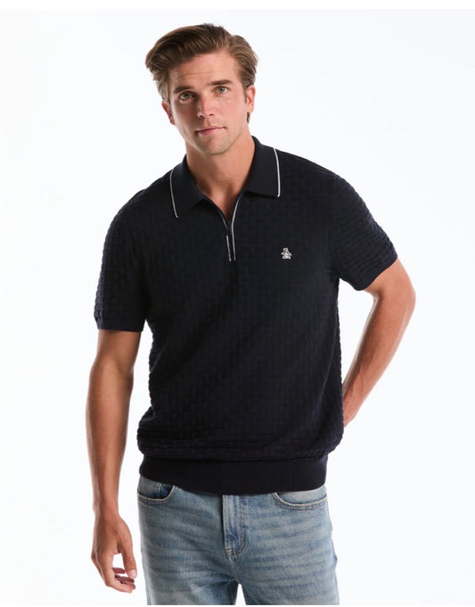 Penguin Tipo Polo Zipper Tejido Cuadros Azul Oscuro