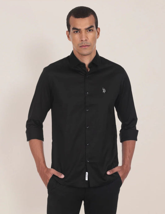 Us Polo Camisa Manga Larga Poplin Negra Custom Fit