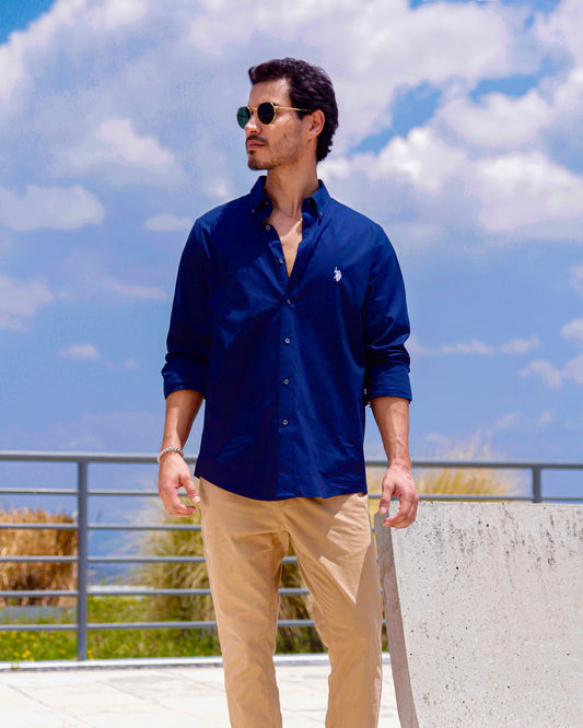 US Polo Manga Larga Poplin Navy Custom Fit