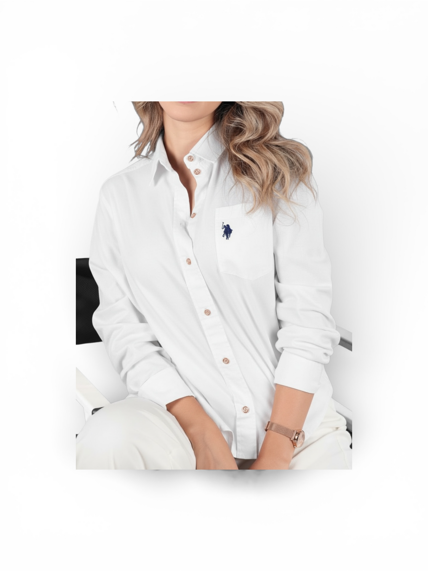 Us Polo Blusa Manga Larga Blanca Holgada Lino