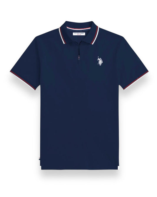 Us Polo tipo polo zíper azul Navy franja delgada