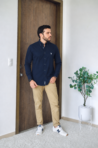 Us Polo Camisa Manga Larga Custom Fit Poplin Azul Negro